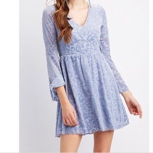 NEW light blue bell sleeve paisley velvet dress